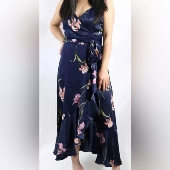 Lumiere Navy Floral Printed Satiny Wrap Dress with Ruffle Detail - Picture 2 of 9